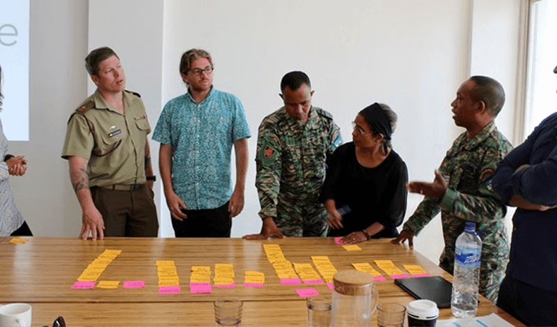 Card sorting workshop with F-FDTL personnel, organising record categories into a taxonomy