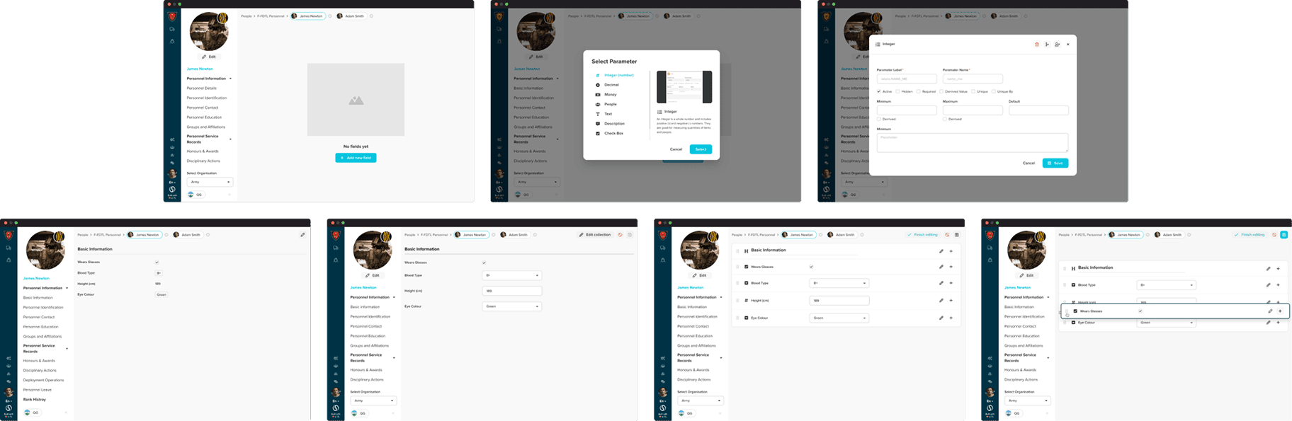 The inline parameter editor flow: administrators add and modify fields directly in the UI
