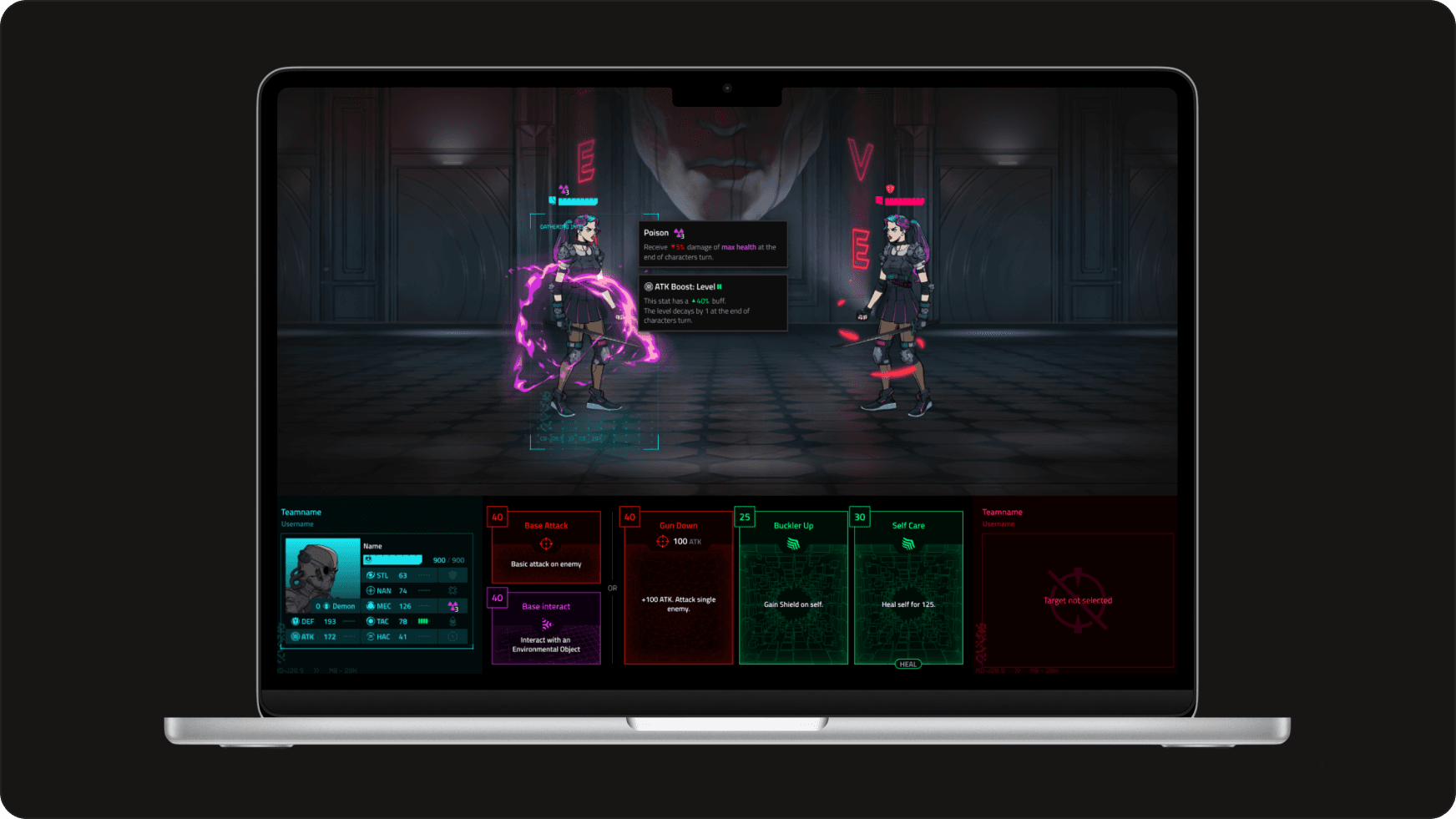 Neon District combat screen on a laptop