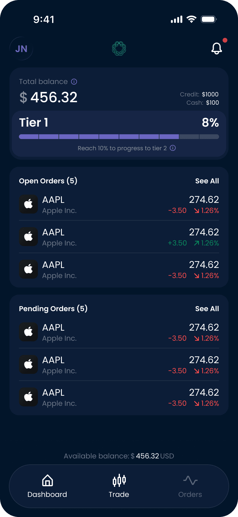 The Viperium trading dashboard showing balance, tier progress and open positions