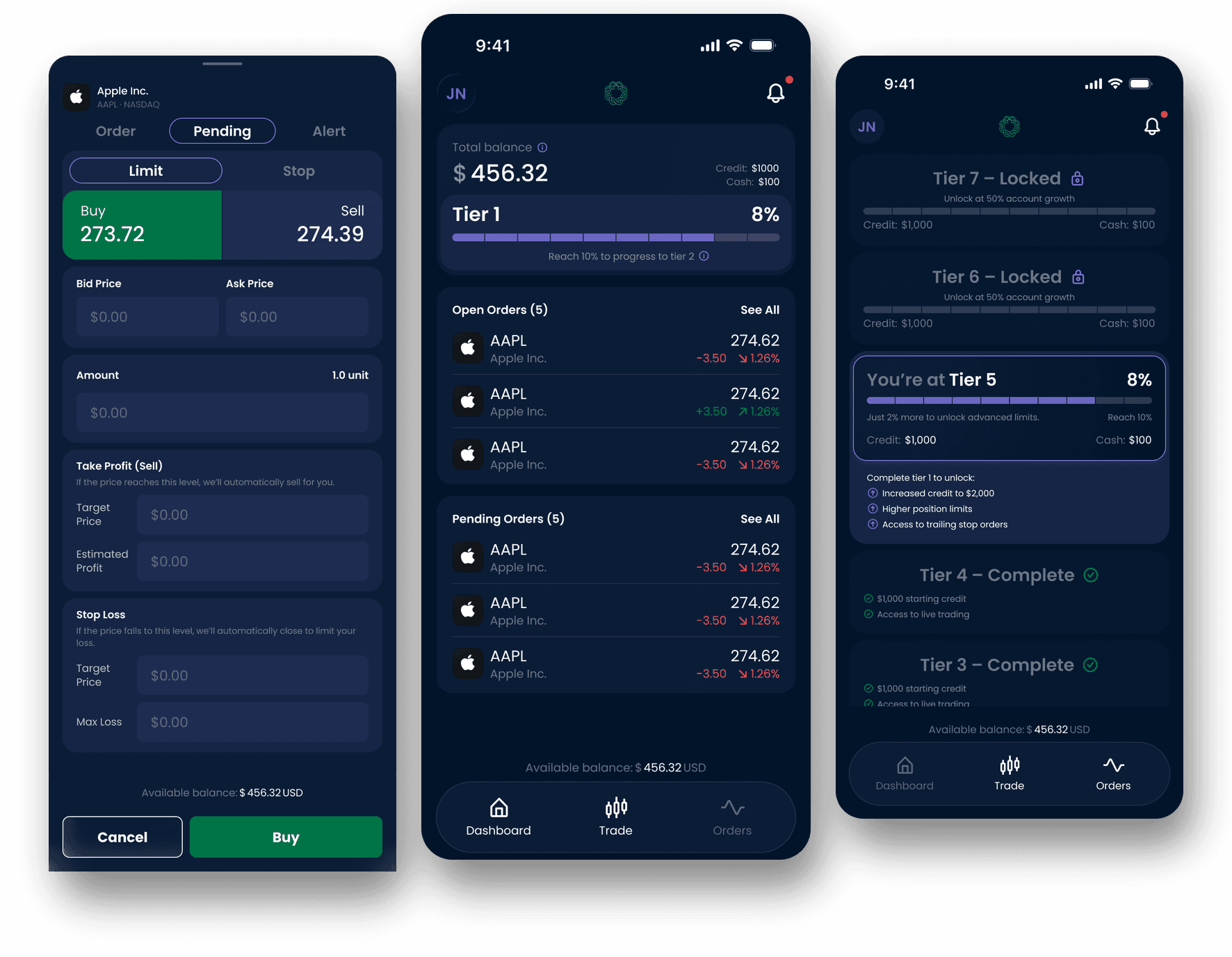 Viperium app screens on the deep navy system: dashboard, order flow and tier progression