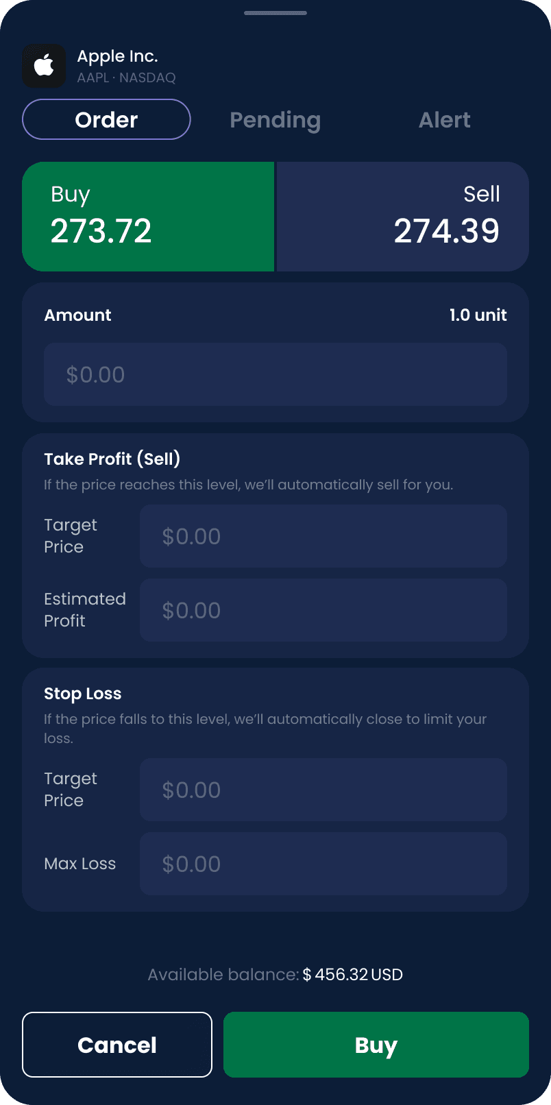 Buy order screen capturing amount, take profit and stop loss with live estimated profit and loss