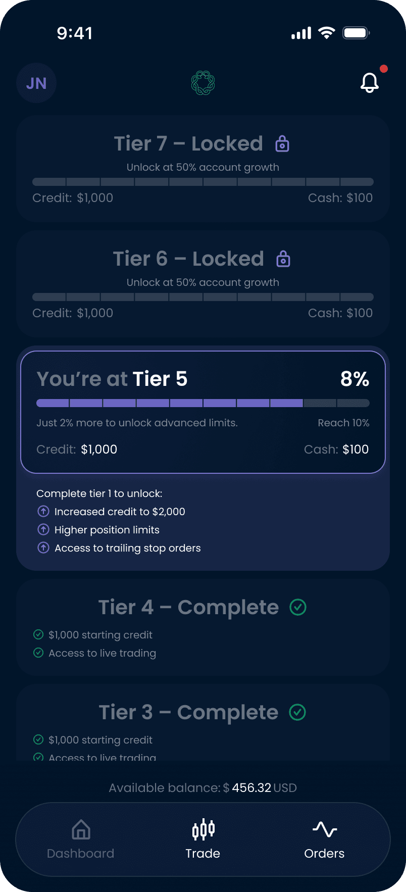 Tier progression screen: the road to one million dollars, each tier showing its unlock target and rewards