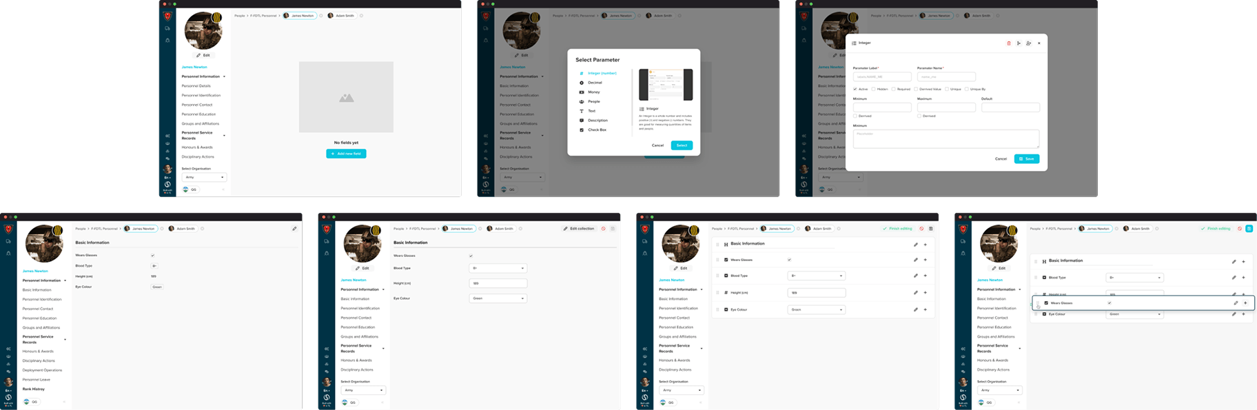 The inline parameter editor flow: administrators add and modify fields directly in the UI