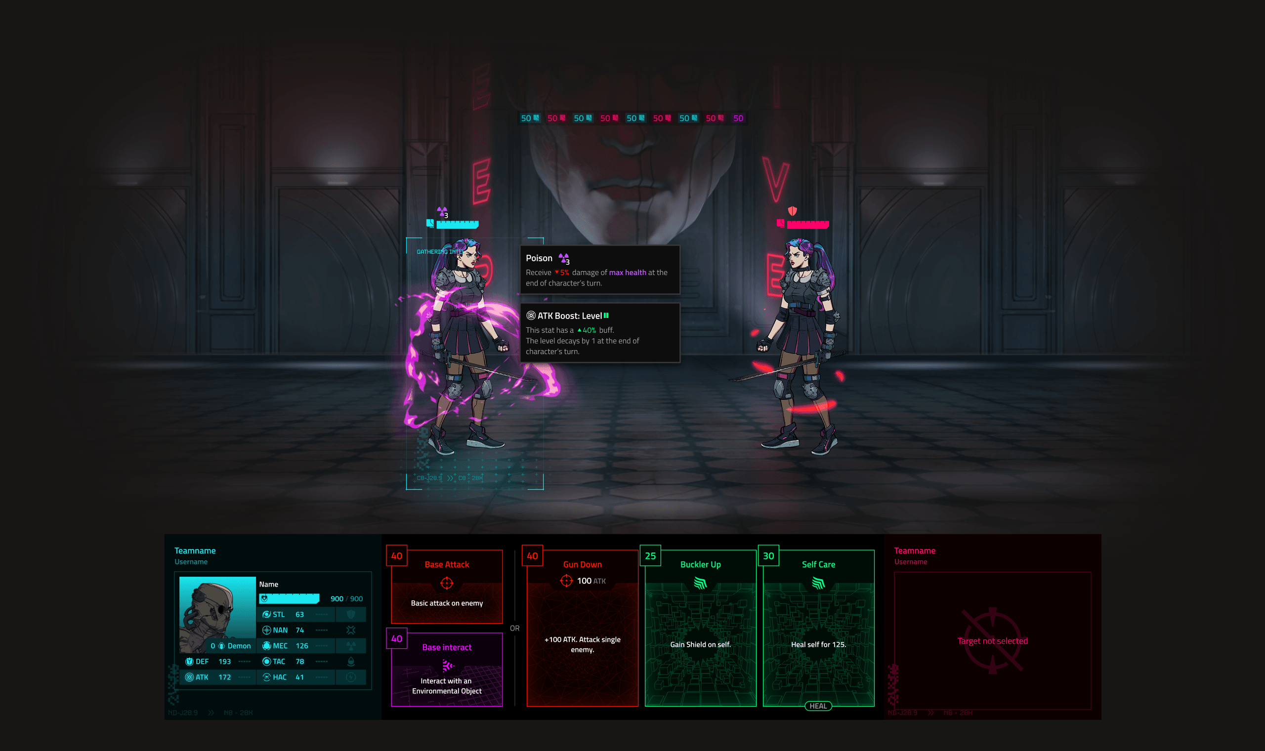 The redesigned combat interface: character control panel, cards, dialogue and status effects