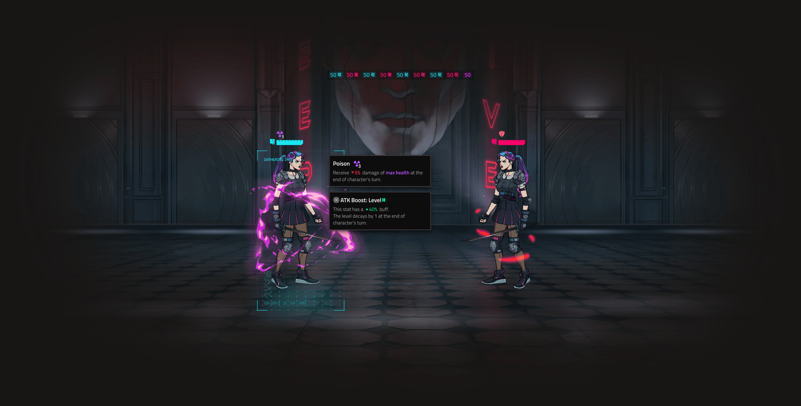 A Neon District combat encounter, with status effects on the active character and their tooltips explaining poison damage and the attack buff