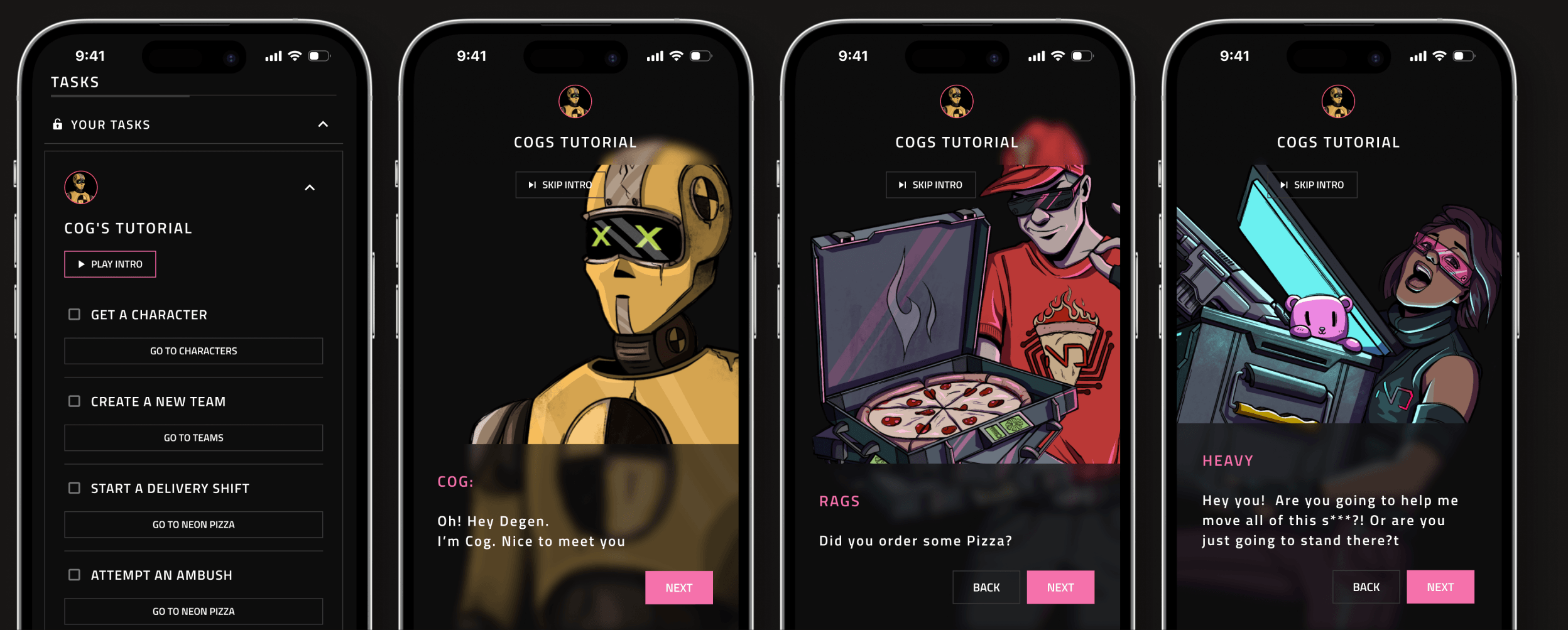 The onboarding flow teaching the game through tasks, co-created with the art director and narrative writer