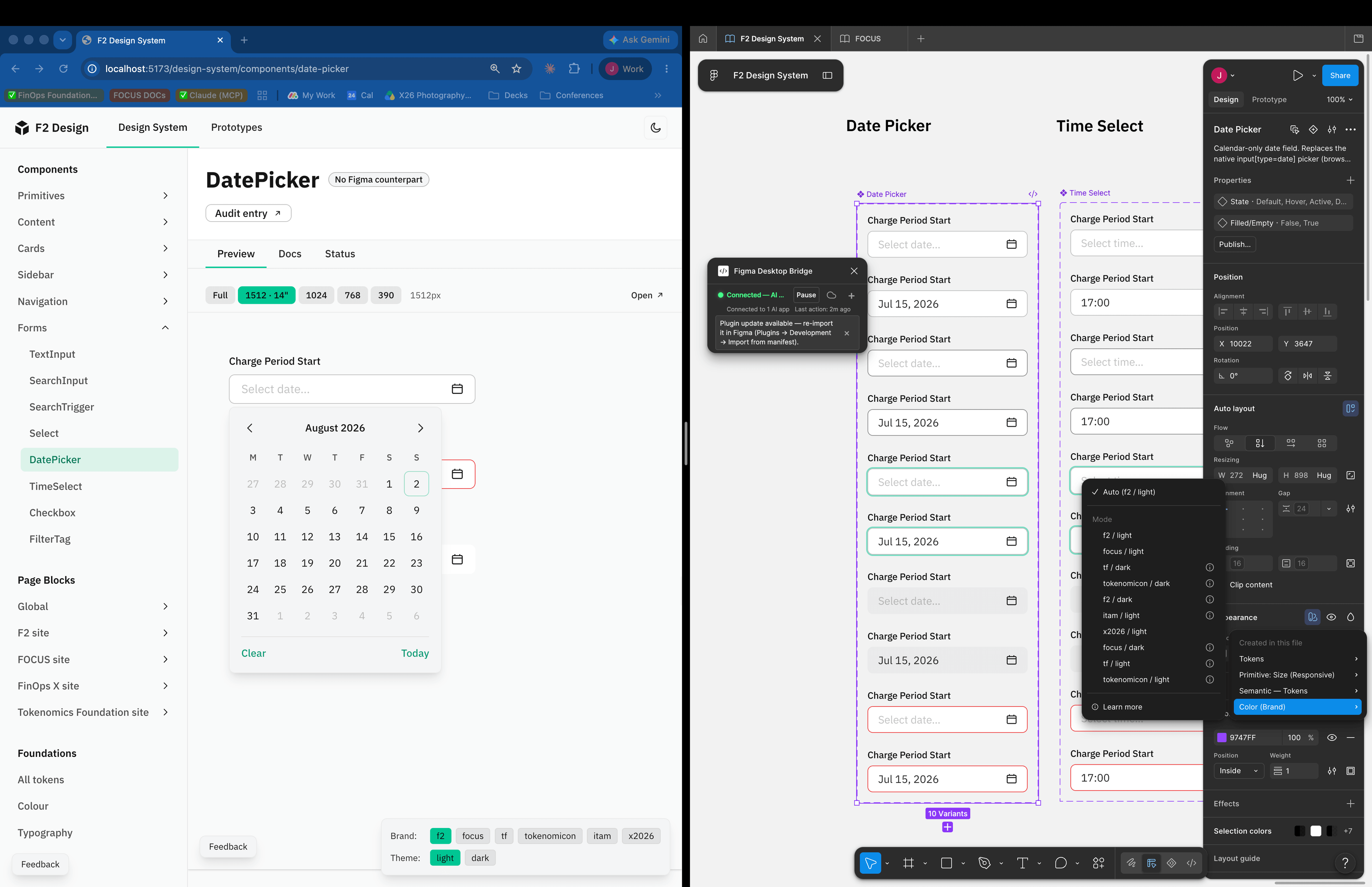 The Figma variant panel showing the Date Picker set now at ten variants, with State=Open added.