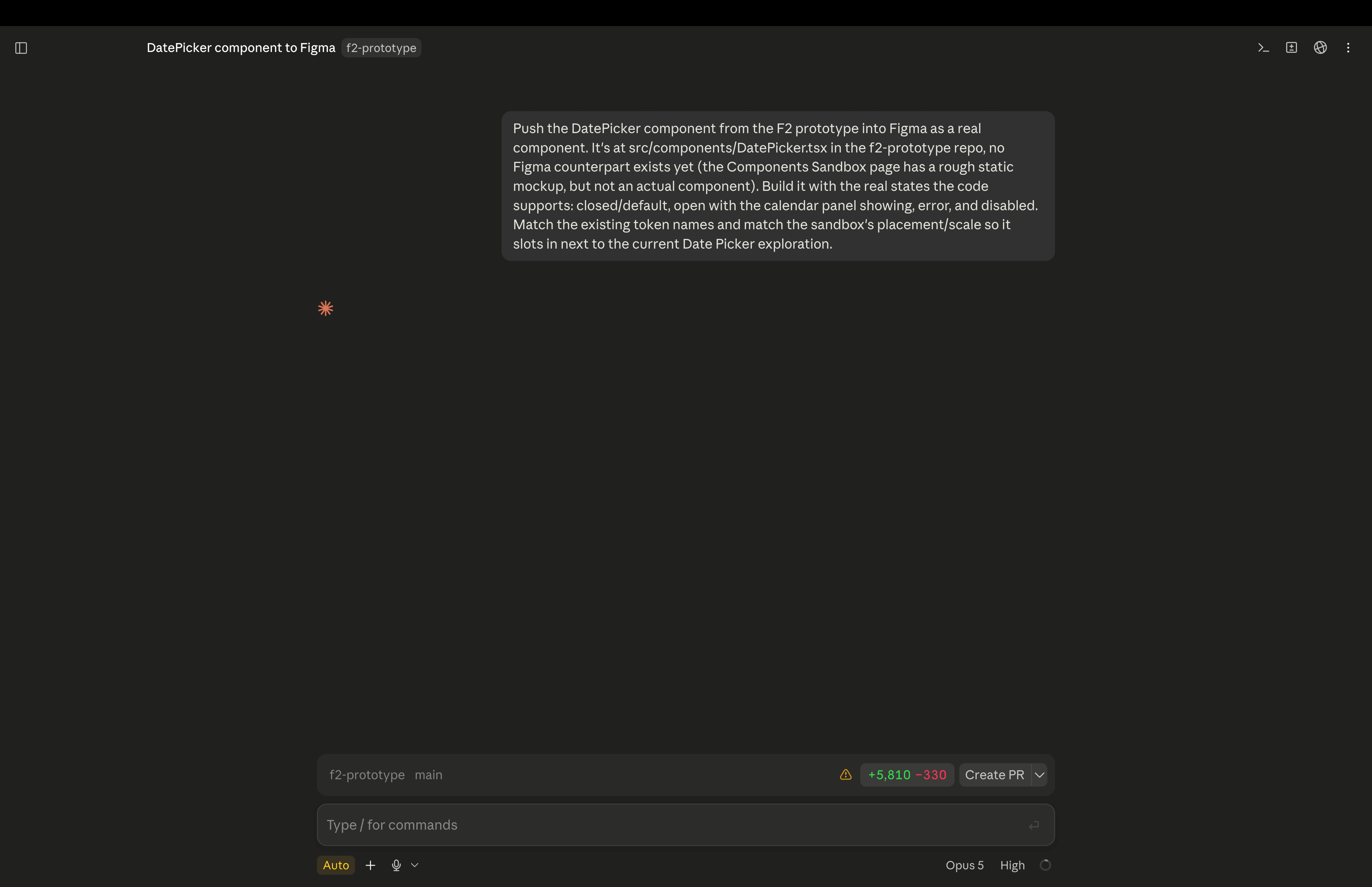 The prompt asking the agent to push the DatePicker into Figma.