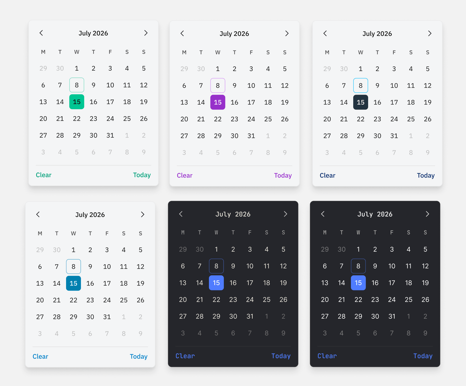 The open calendar panel rendered across all six brands, matching in each.