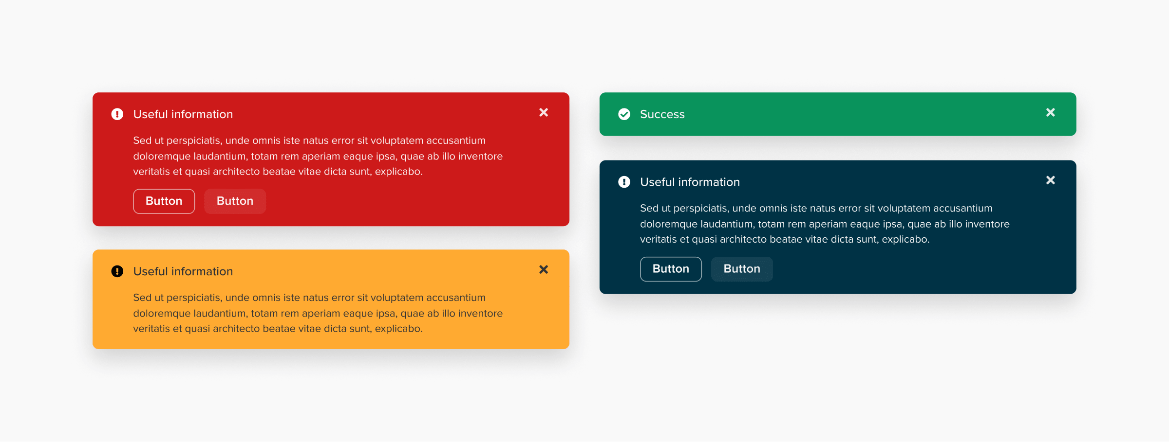 The notification set in four states — error, warning, success and information — each dismissible, with body copy and paired actions