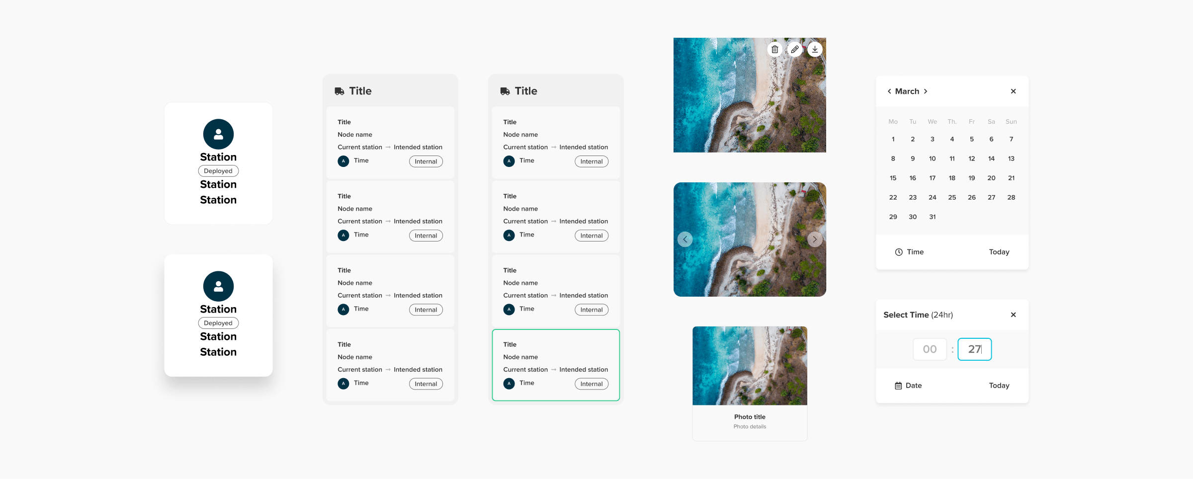 Station cards, node journey lists, media components with upload, edit and delete controls, and the date and 24-hour time pickers