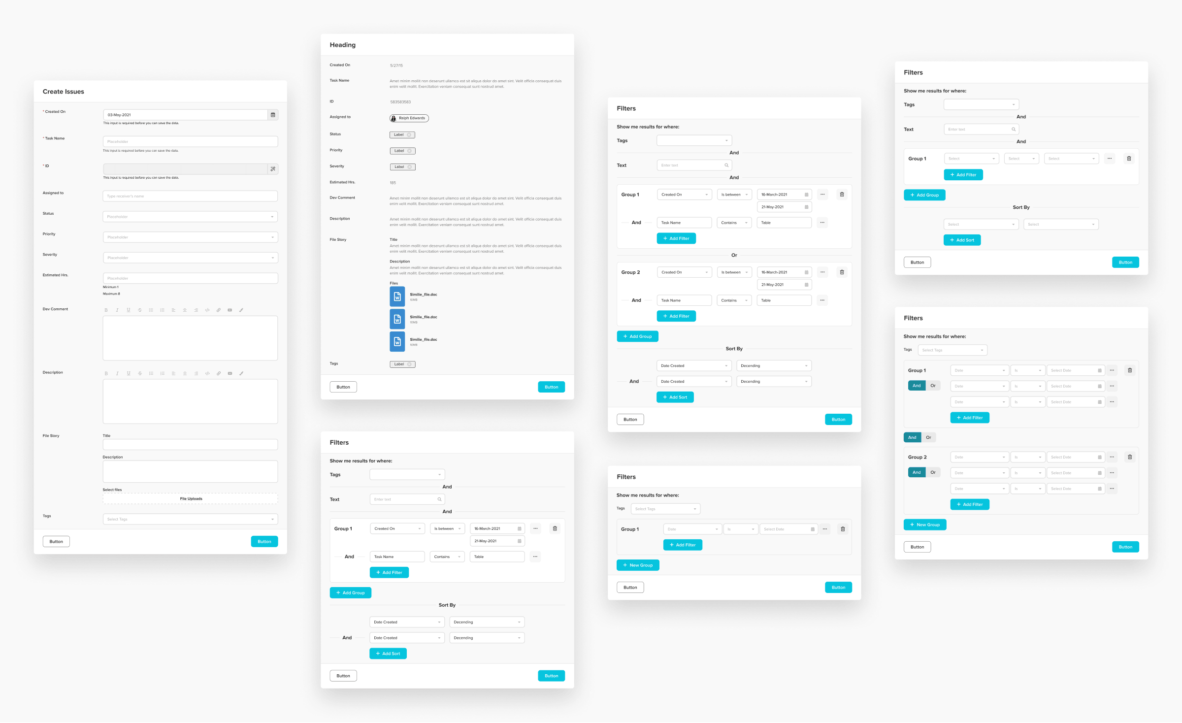 Form and filter patterns: an issue-creation form with required-field validation, rich text editors and file uploads, a record detail view, and the filter builder assembling grouped And/Or conditions with sorting