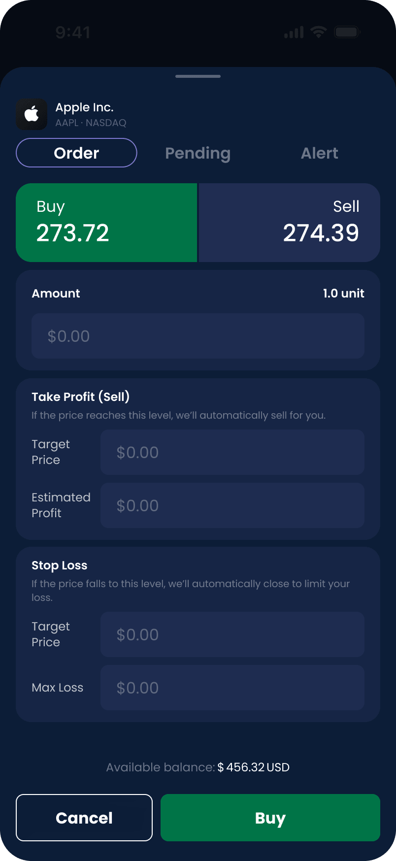 The buy order sheet, capturing amount, take profit and stop loss on a single screen