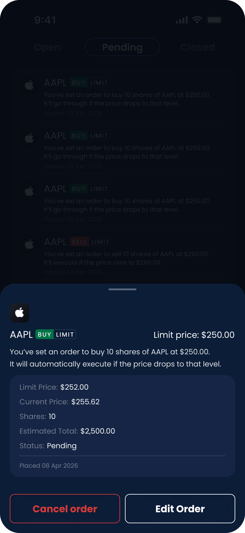 A pending limit order, explaining in words what will happen and when it will execute