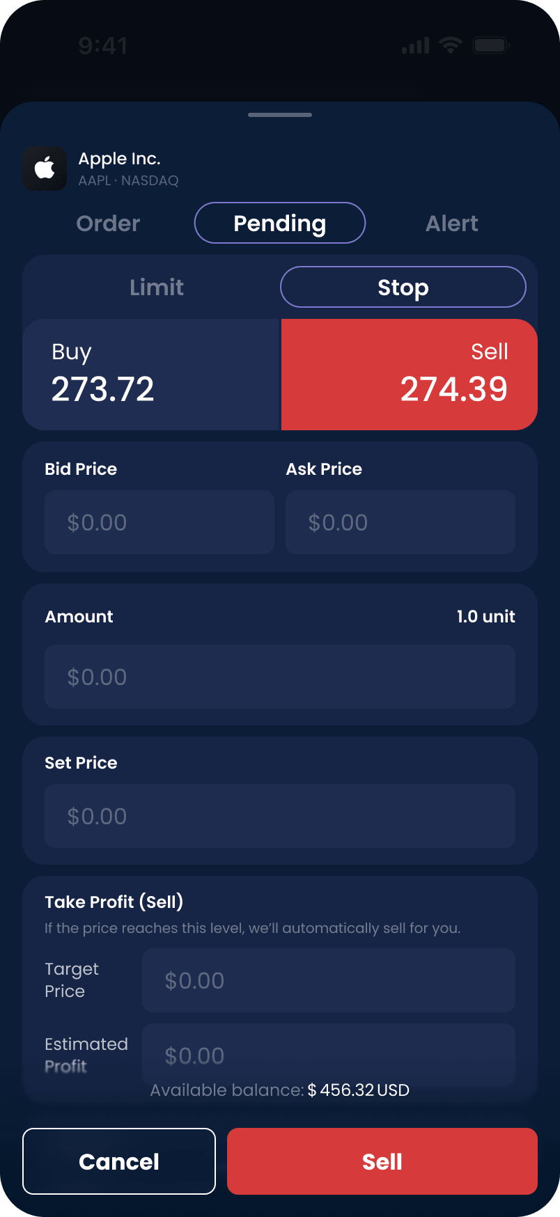 The sell side, with Limit and Stop as a segmented choice and the colour-coding carried through in red