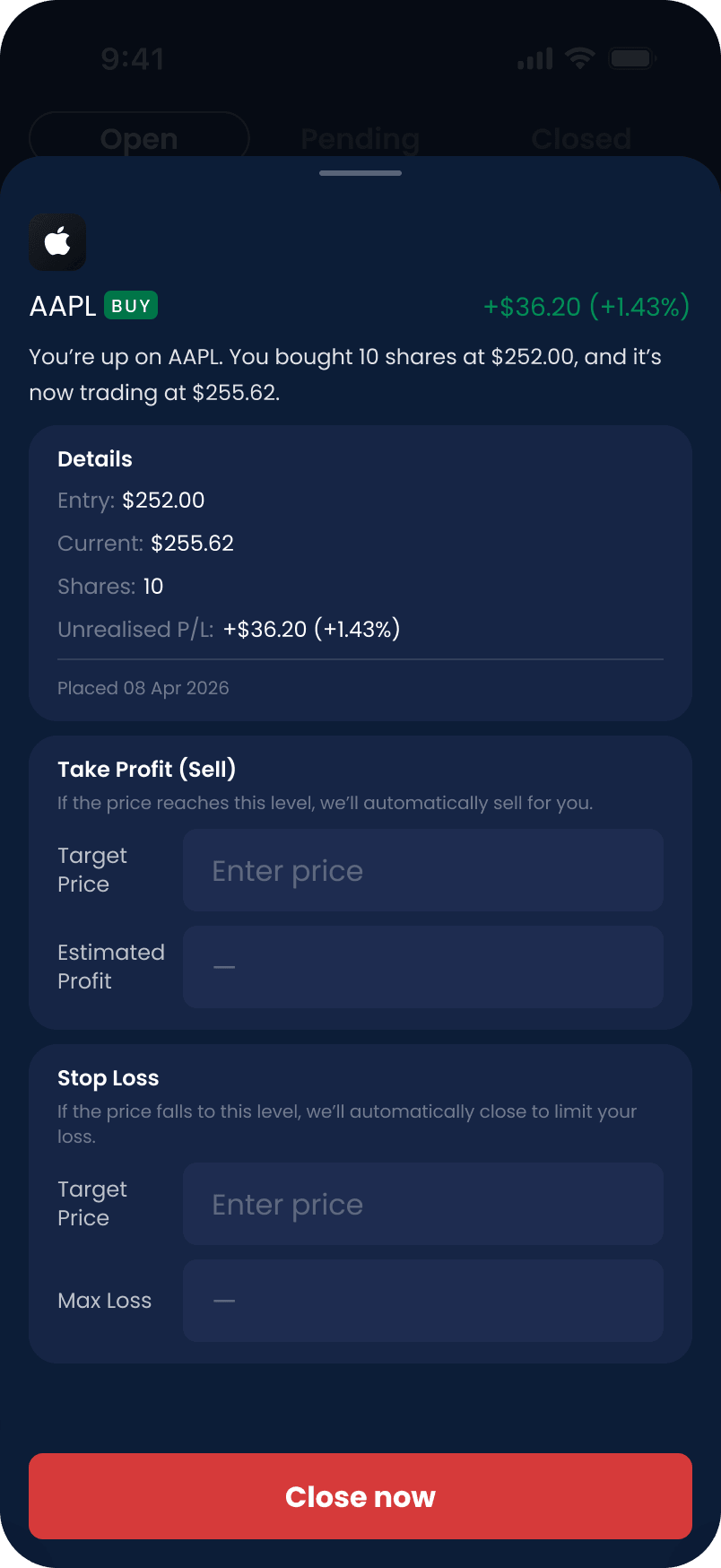 An open position in detail, with its take-profit and stop-loss levels and a single close action