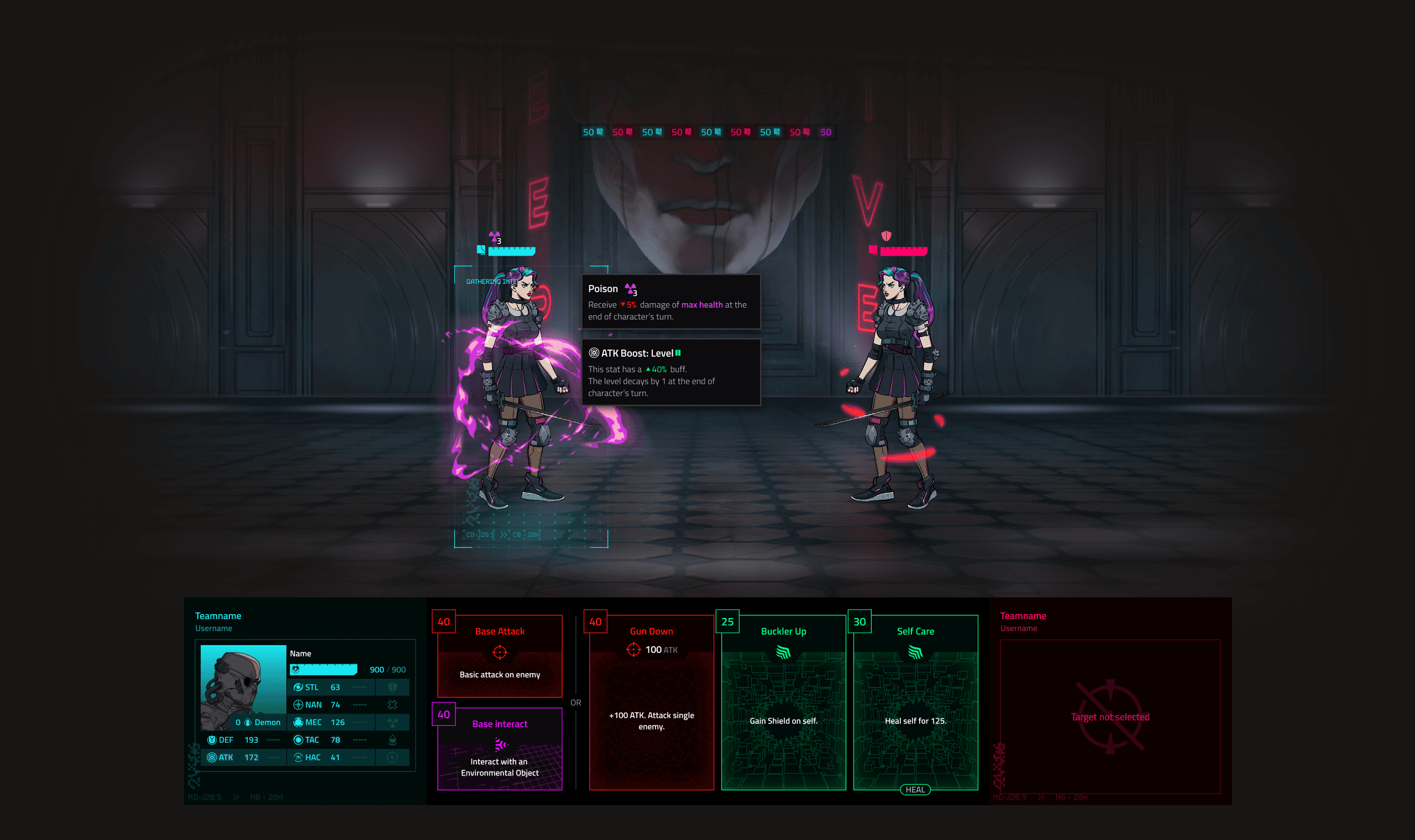The redesigned combat interface: character control panel, cards, dialogue and status effects