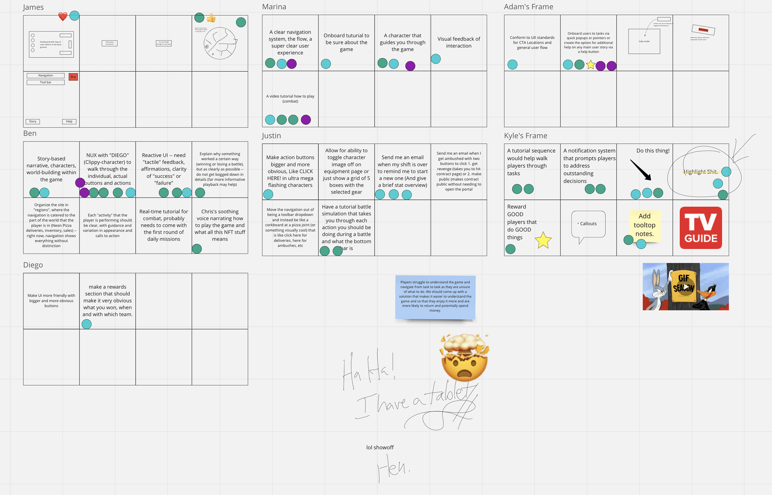 The Crazy 8s workshop board, with a frame of sketched ideas per participant and the key problem statement pinned in the middle