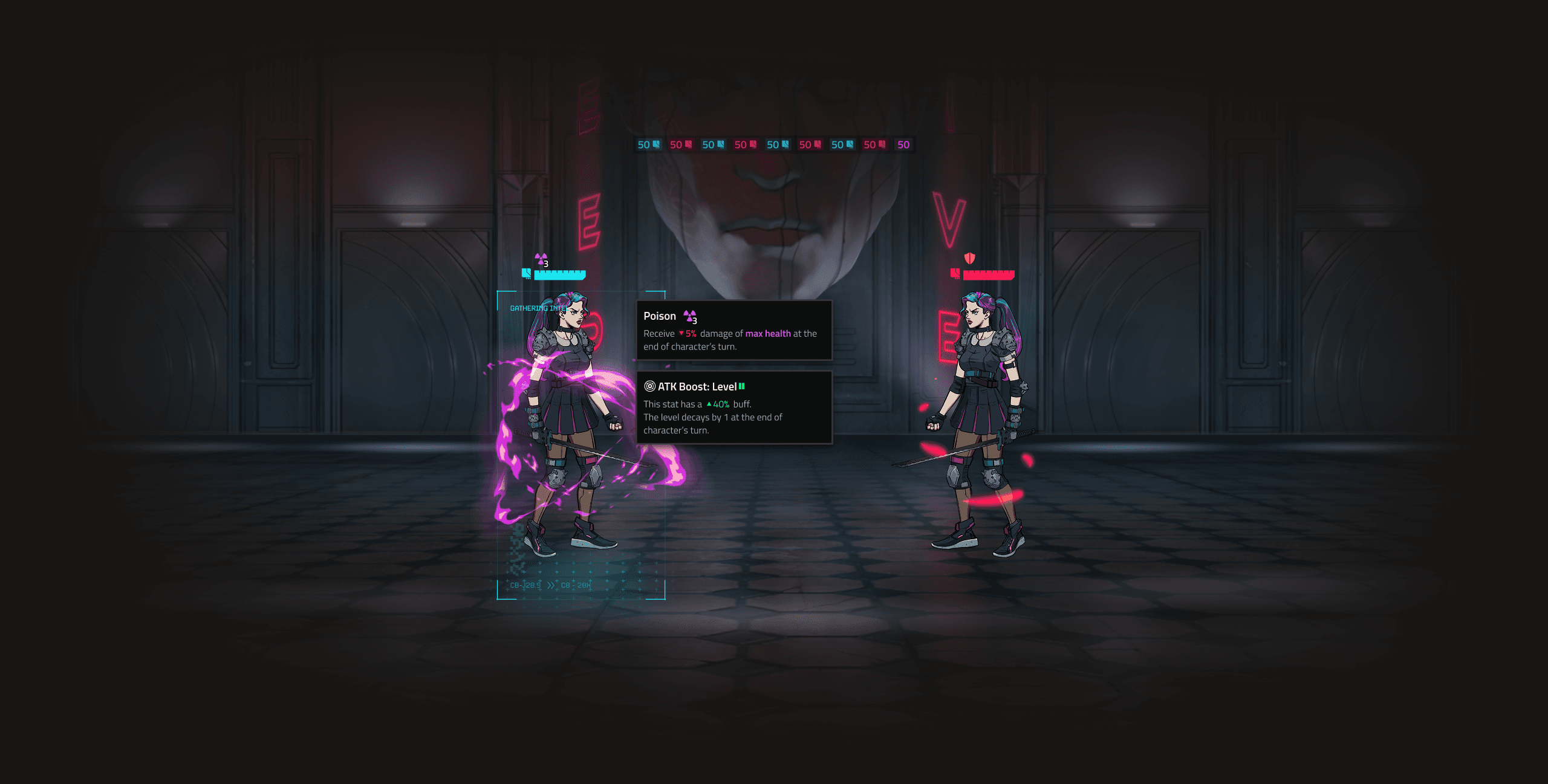 A Neon District combat encounter, with status effects on the active character and their tooltips explaining poison damage and the attack buff