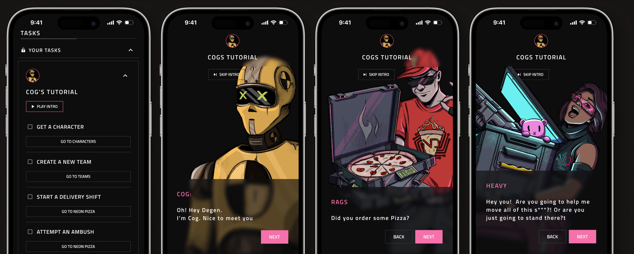 The onboarding flow teaching the game through tasks, co-created with the art director and narrative writer