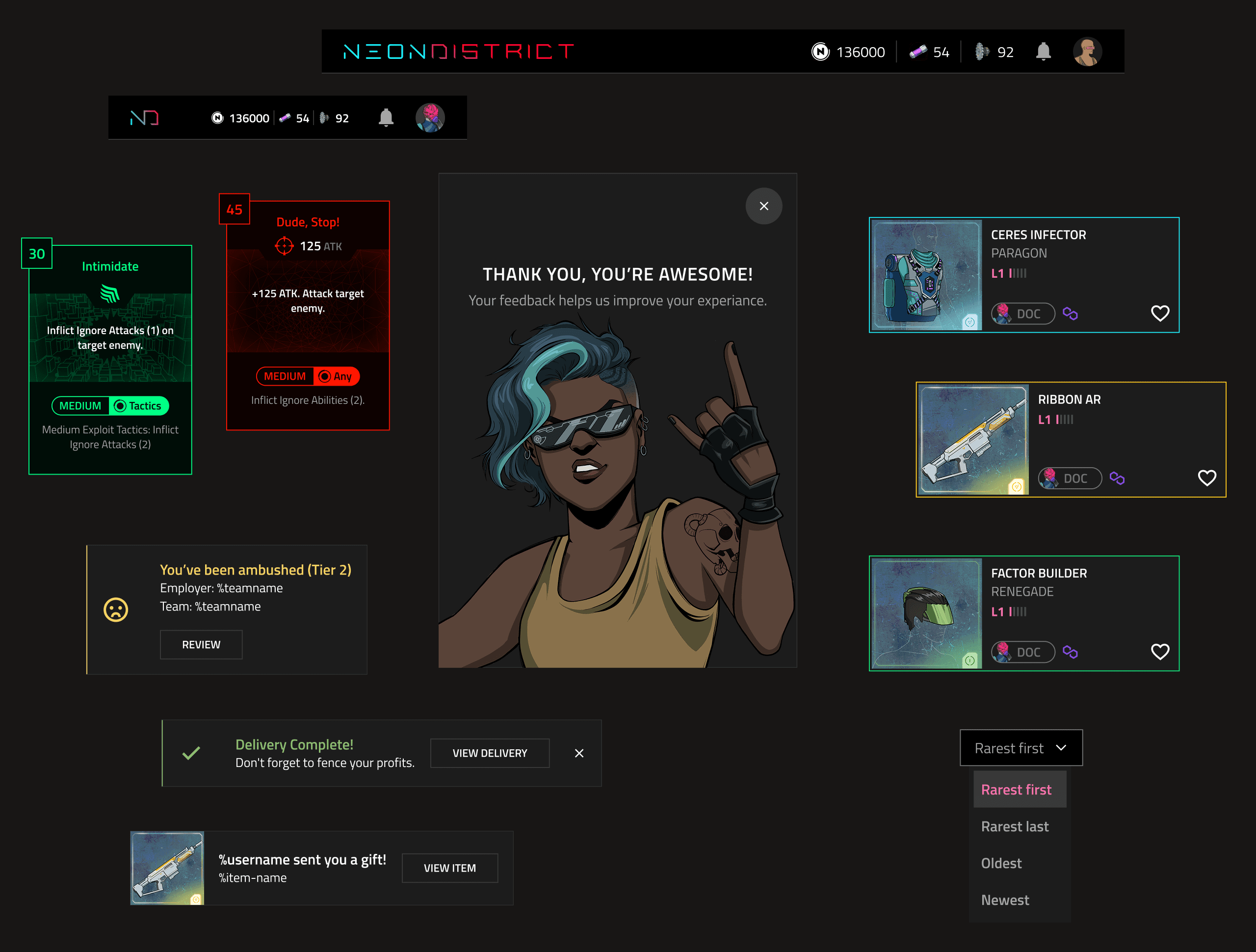 Pizza Juice components in the game's own skin: navigation, ability cards, item cards, toasts, a feedback modal and a sort dropdown