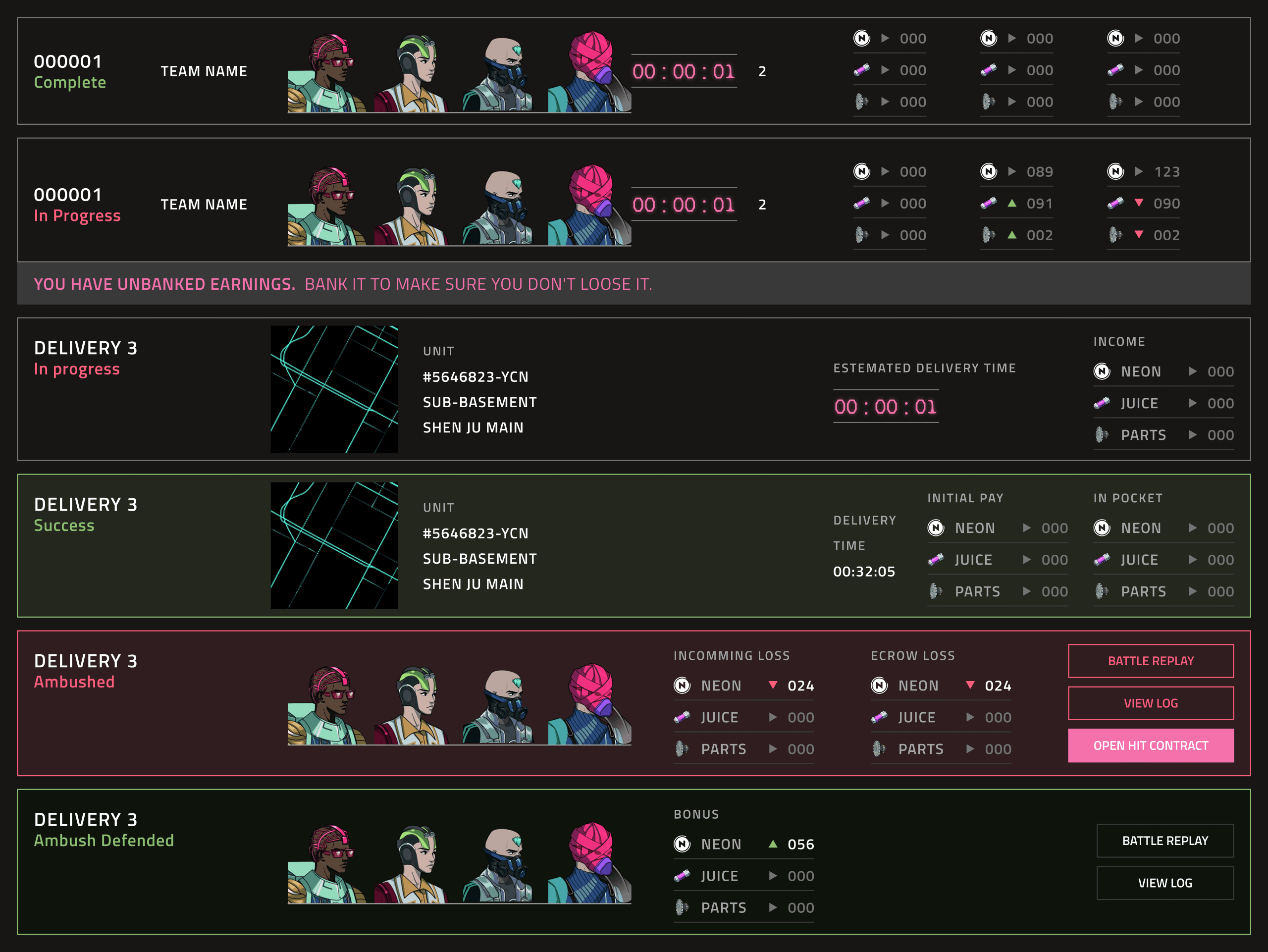 The status pattern across every state a delivery can reach: in progress, complete, success, ambushed and ambush defended