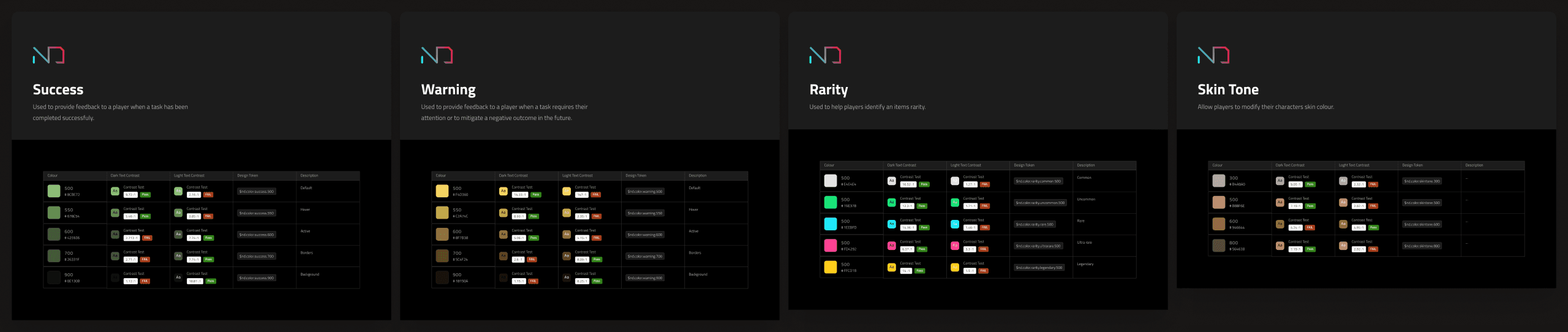 Colour tokens continued: success, warning, item rarity, and the skin tone range that lets players modify their character's skin colour